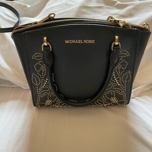 Michael Kors Ellis Satchel Black Leather w/Gold Stud FLORAL Design Handbag